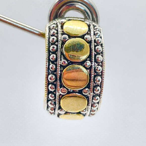 Beautiful gold and silver tone hoops. Gold circular design with one piece clasp. - Picture 4 of 12